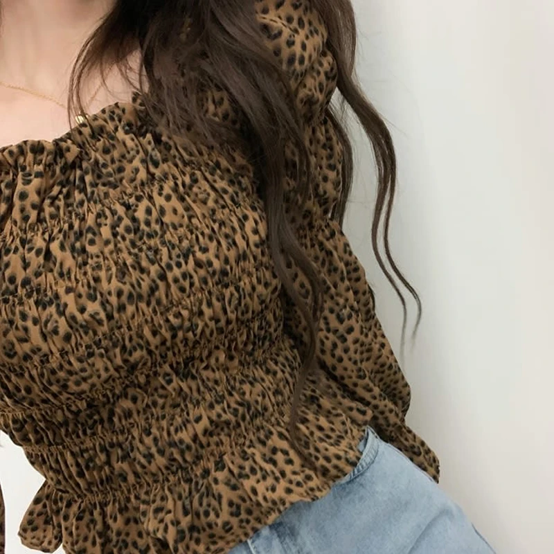 Vintage Puff Long Sleeve Women Blouse Leopard Print Shirt Fashion Spring Elegant Square Neck Chic Short Tops