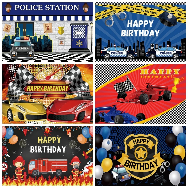 

Baby Boy Birthday Photography Backdrops Police Station Car Fire Truck Party Decor Photocall Photographic Background Photo Studio