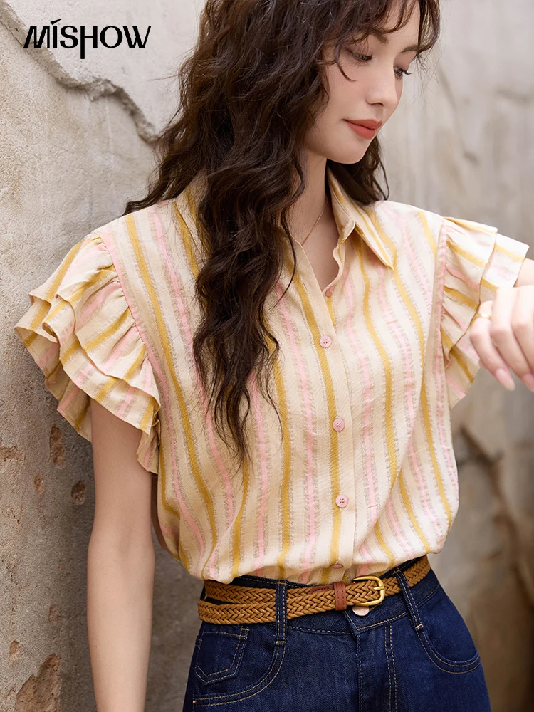 MISHOW Women\'s Striped Short Sleeve Shirt Summer 2024 Double Layered Ruffle Sleeve Shirt Polo Neck Casual Fashion Top MXD28C0265