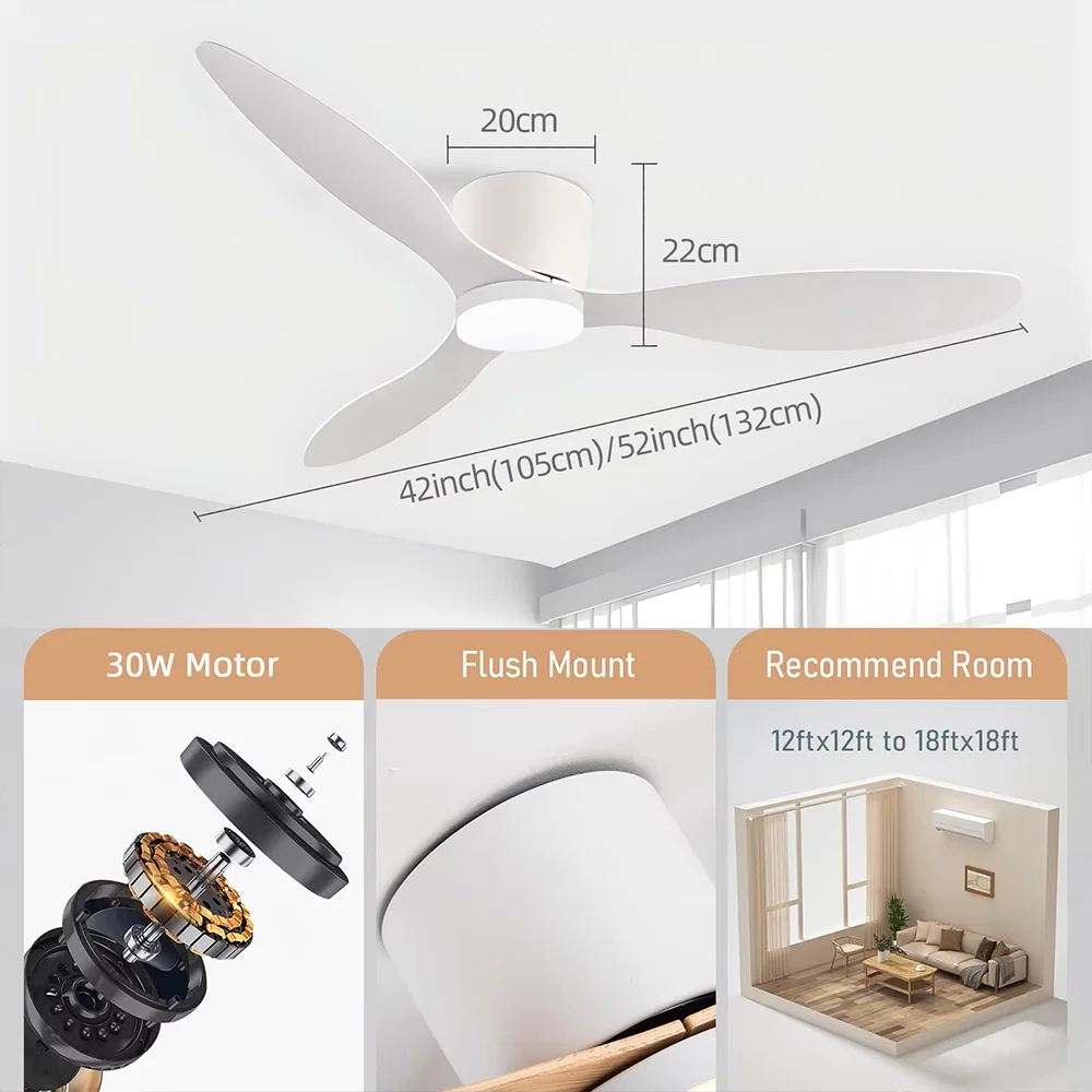 Ventilateur de plafond moderne à LED avec lumière, ventilateur électrique, télécommande, moteur à courant continu, 6 vitesses, 42 pouces, 52 pouces