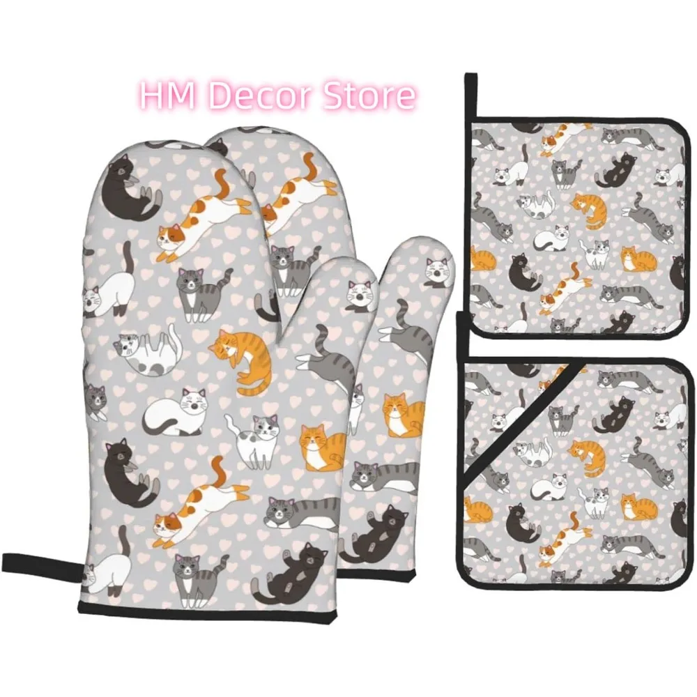 Cute Cat Kitten Oven Mitts and Pot Holders Set of 4, Oven Mittens and Potholders Heat Resistant Gloves for Kitchen Cooking Bakin