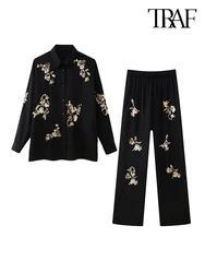 TRAF Women's Sequin Style Collage Flower Temperament Set Elegant Long Sleeve Lapel Top Elastic Waist Long Pants Loose Set