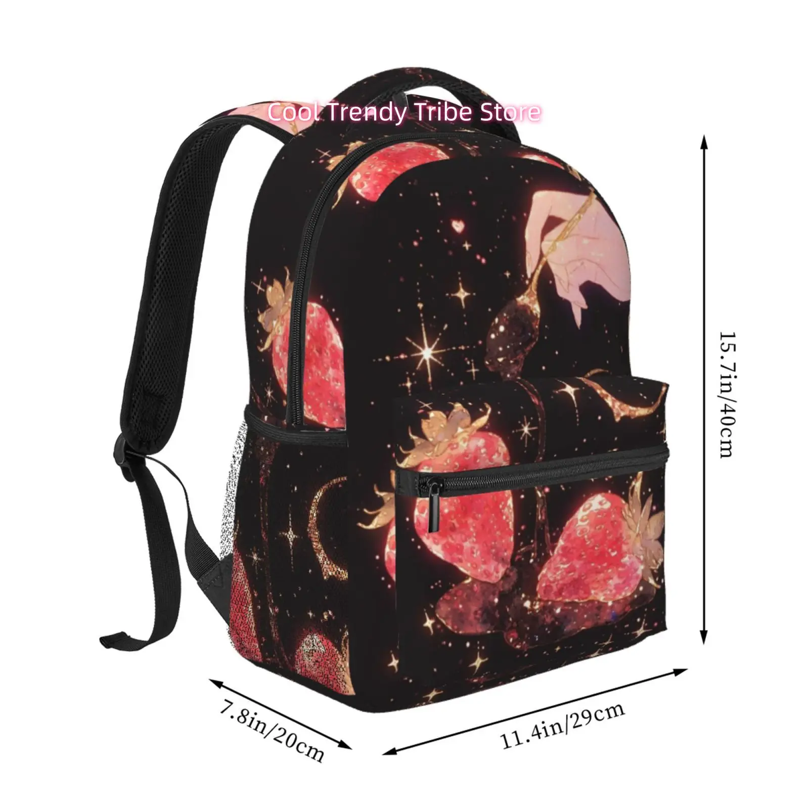 Gilded Magical Strawberry Print Backpack, Oxford Cloth Adjustable Strap Casual Daypack for Travel, Outdoor& Sports