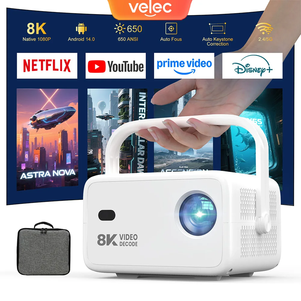 Velec TP350 Projector 8K Video Decode 650 ANSI 1080P Auto Focus Android 14 Smart Portable Outdoor Home Theater Projector