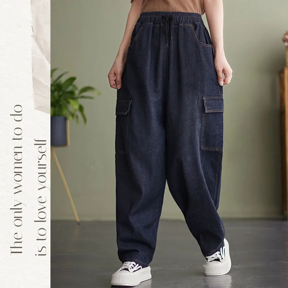 Aricaca Women Elastic Waist Loose Fashion Casual Jeans M-2XL Denim Harem Pants Long Pants