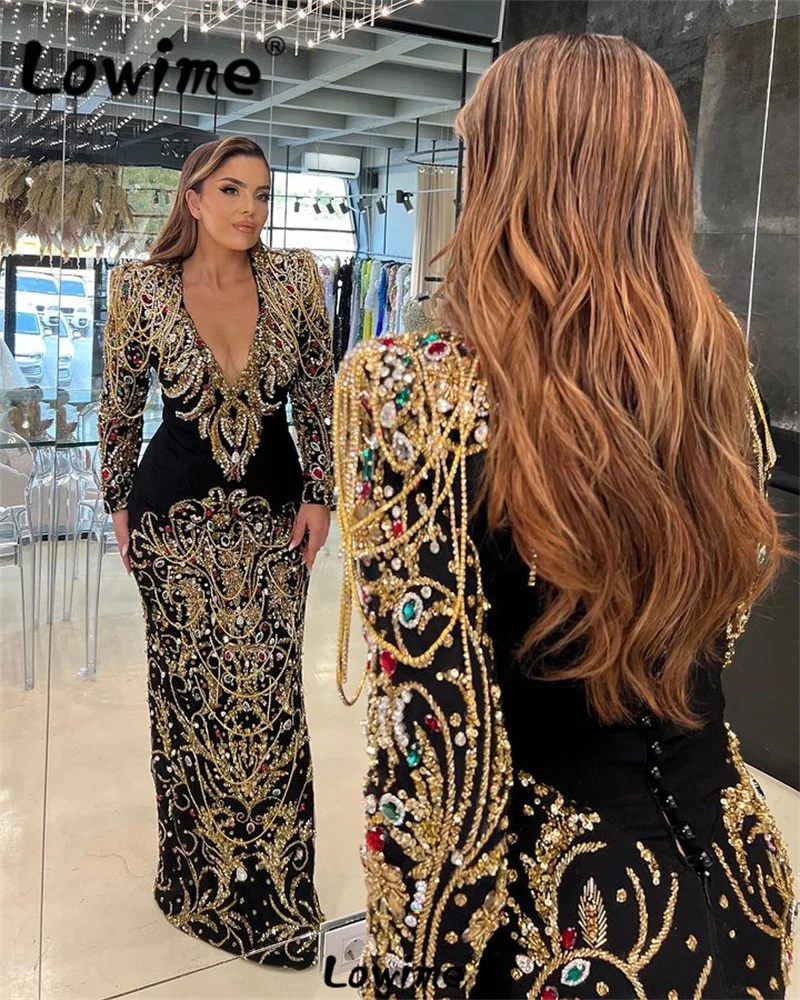 2024 Haute Couture V Neck Arabic Evening Dresses Long Sleeves Crystal Tassel Luxury Mermaid Party Gowns Engagement Prom Dresses