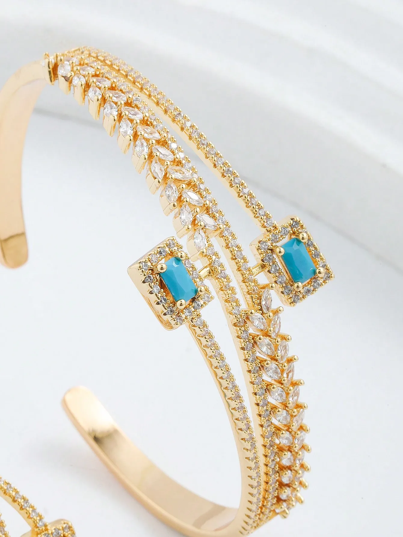 A European and American fashion light luxury Lansong real gold plated open bracelet ring set