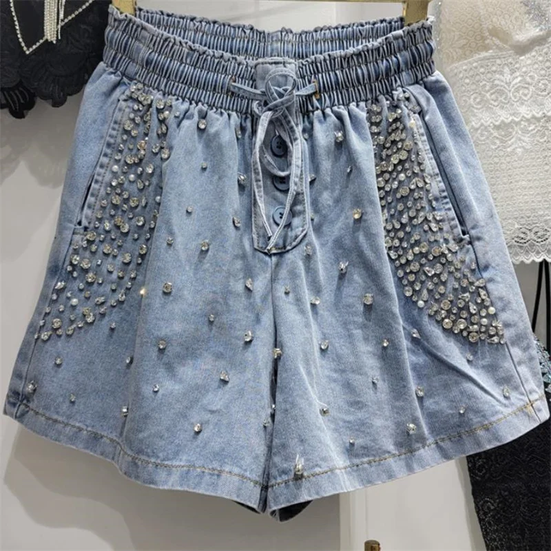 

New elastic waist shorts heavy work diamond beaded high waist loose thin denim wide leg shorts women