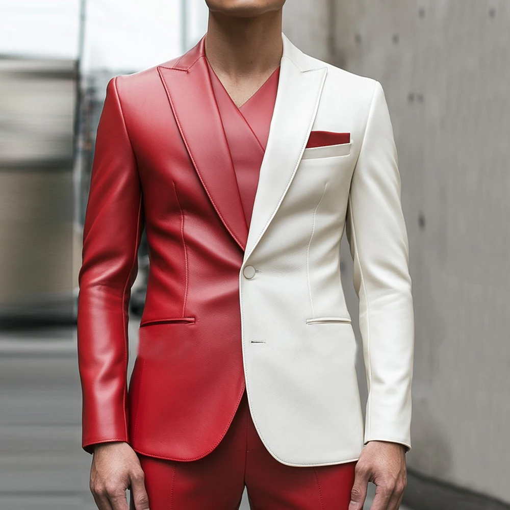 

Men’s Contrast Color Red White Jacket Blazer Pointed Collar Single-breasted Multiple Pockets Outerwear Male Host Party Blazer