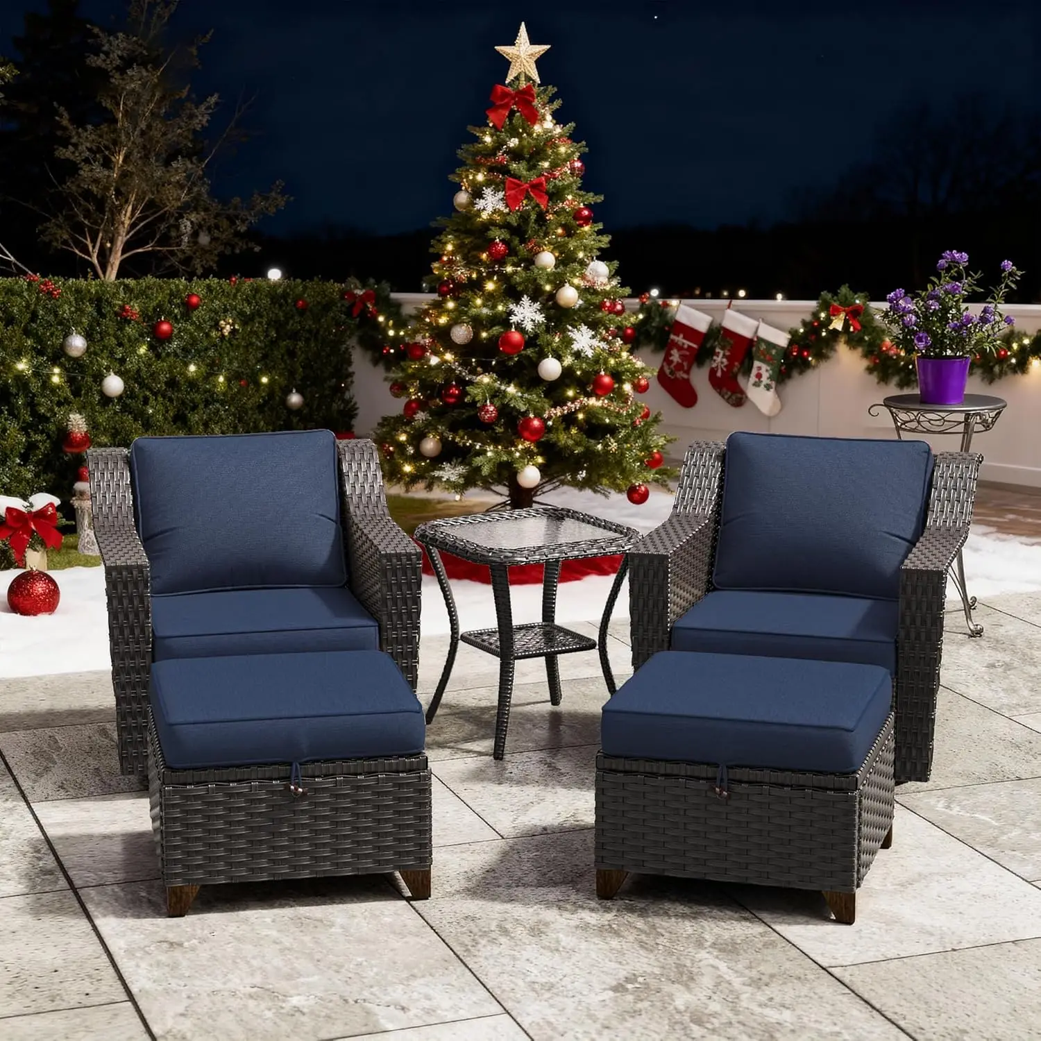 

5pc Patio Conversation Set Swivel Chairs Ottomans Table Outdoor Wicker Washable Cushions Porch Balcony, Customized