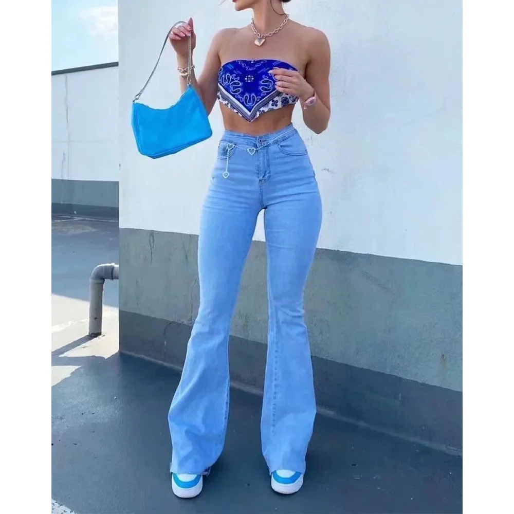 

American New High Waist Elastic Slim Fit Ragged Edge Micro Horn Jeans Women's Tight and Slim denim Floor Dragging Pants