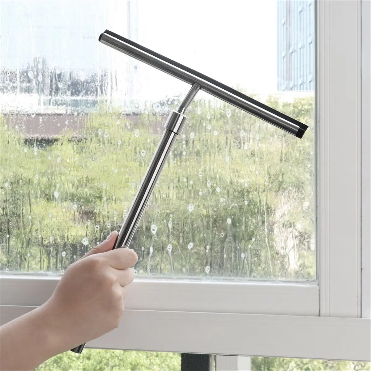 (A02R] Shower Squeegee with Extendable Handle for Glass, Tile, and Mirrors - Stainless Steel, 10inch Wide