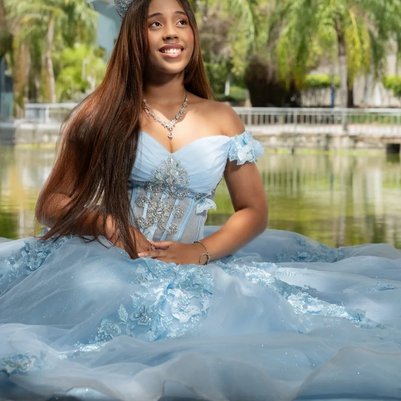 

Shiny aqua blue Off Shoulder Quinceanera Dress Tull glitter decal crystal 3D flower Bow vestidos de 15 Quinceanera ﻿Customized