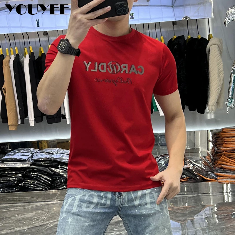 Men\'s Personalized T-shirt Luxury Diamond Letter Design Red Male Tees 2023 Summer Trend Casual Fashion Slim Clothing Man Tops