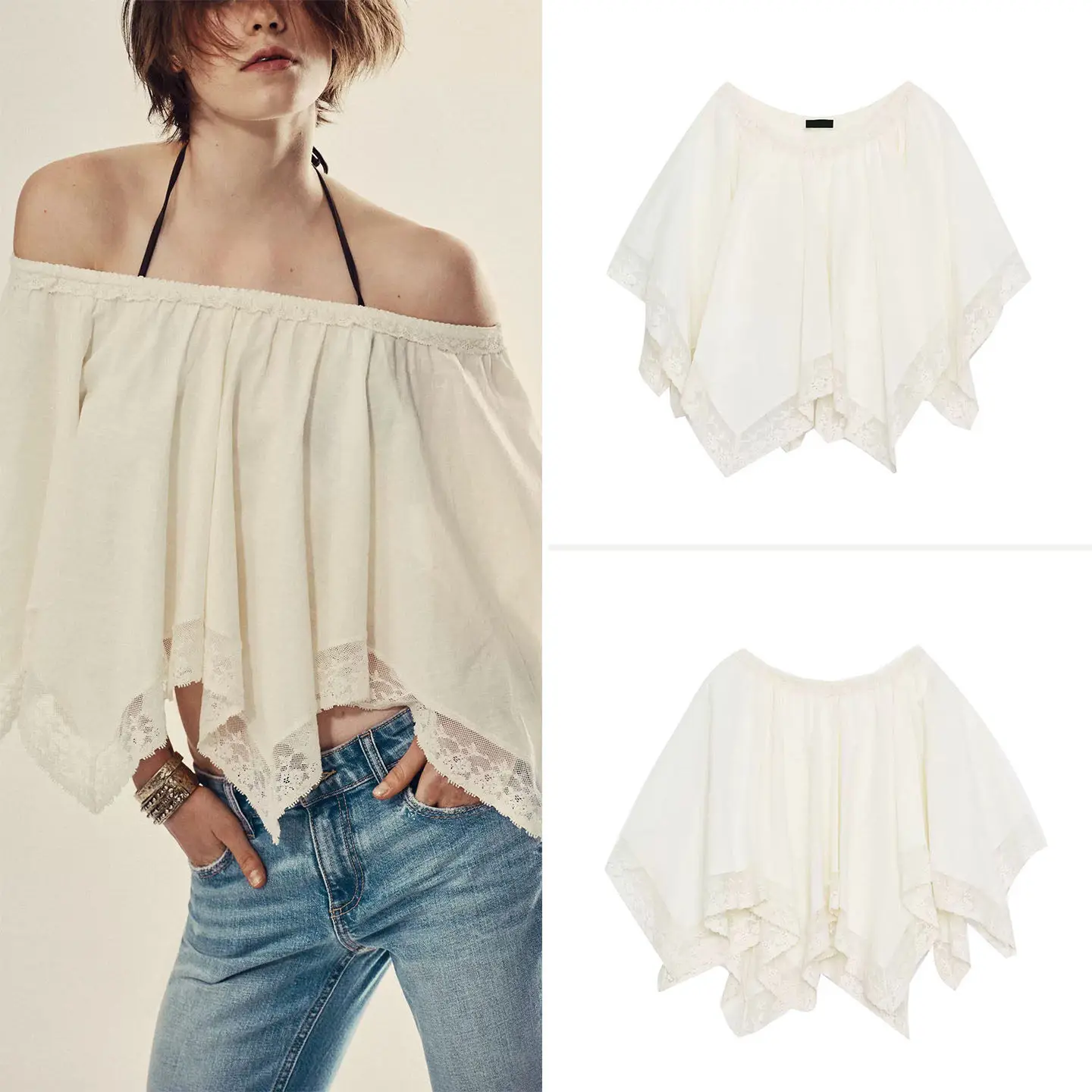 

Fashionable Lace Layered Short Sleeve Women's Shirt Summer 2026 One-Shoulder Design Neutral Style Loose Fit Regular Length