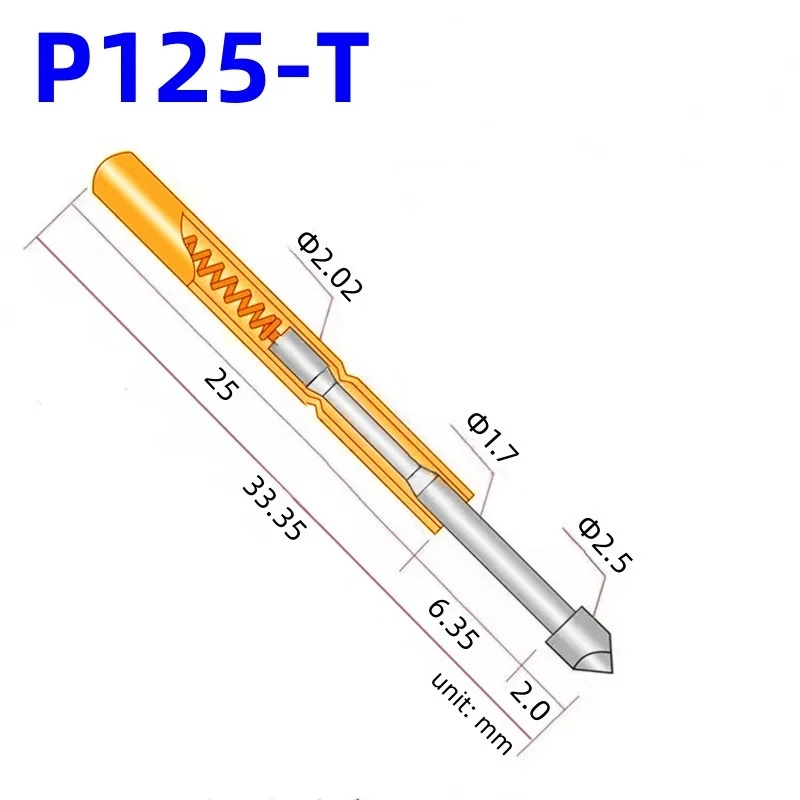 100PCS Spring Test Probe P125-T Brass Metal Test Pin P125-T2 33.35mm Spring Test Probe Pogo Pin Dia 2.02mm Head Dia 2.5mm