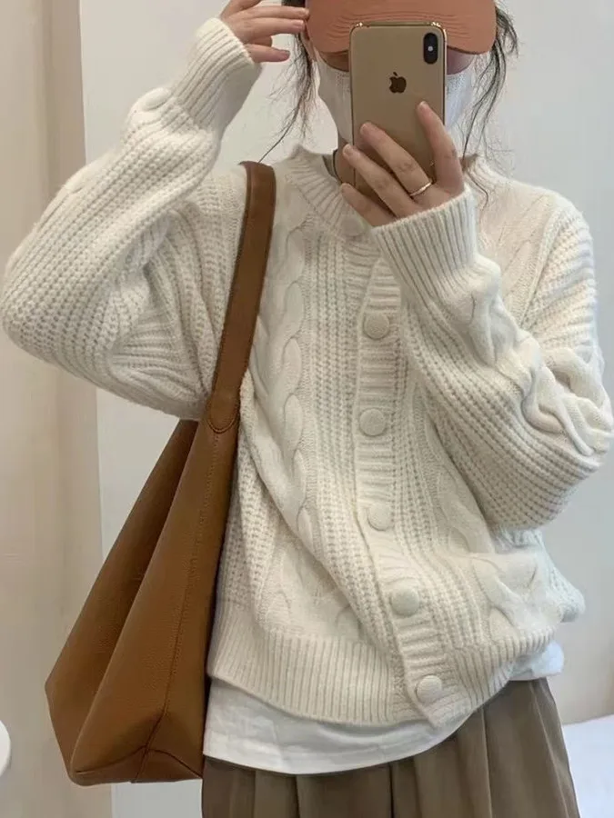 

Ladies' Knitted White Twist Sweater Coat Autumn Winter Outerwear Small Size High-End Feeling Commute Sle Long Sve round ...