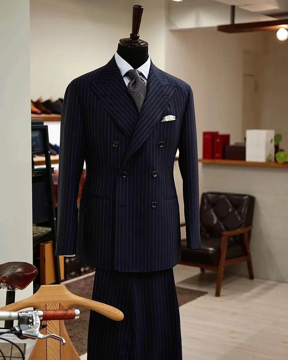 New Pinstripe Men's Suit 2 Pieces Blazer Jacket and Pants Custom Made Business Wear Wedding Groom Costume Homme