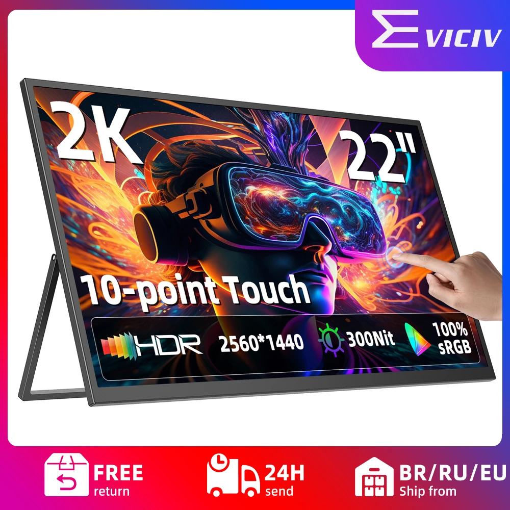 

EVICIV 22" 2K Touchscreen Portable Gaming Monitor 1440P FreeSync IPS HDR Computer Display Bulit in 180°Adjustable Stand & VESA