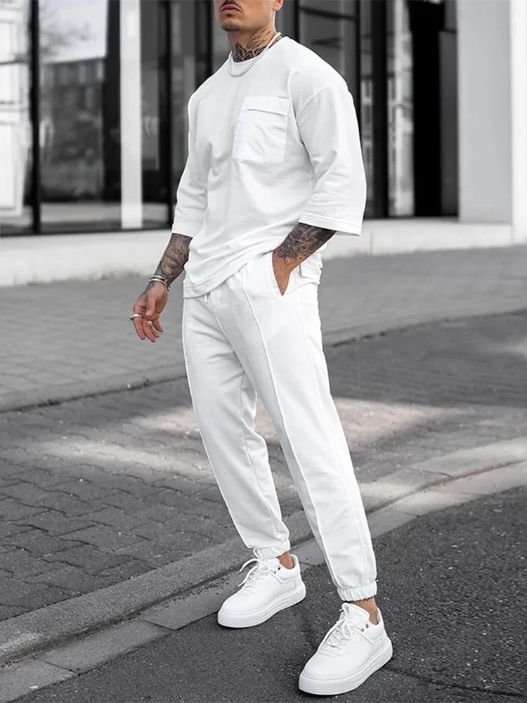 Fashion 3/4 Sleeve T Shirt Two Piece Sets Mens Loose Outfits Casual Solid Color Patch Pocket Top & Long Pants Suits Men Clothing