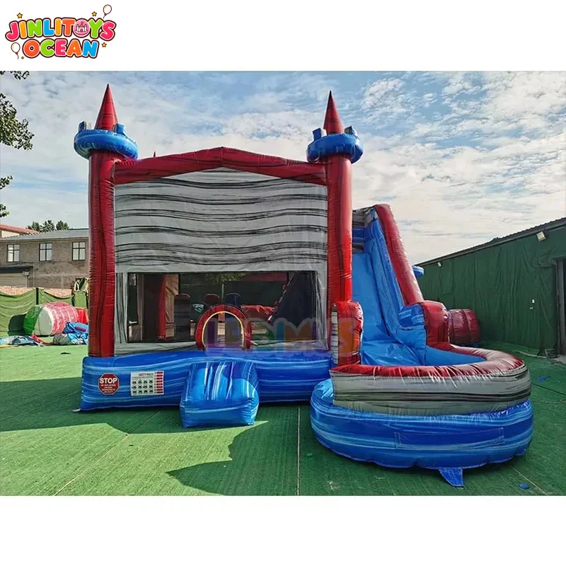 Marble Dry and Wet Bounce House with Slide Combo Commercial Grade Jumping Castle Customized Inflatable Bouncer for Kids Party