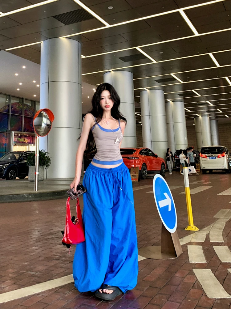 

2025 Summer new stacked color block hot girl waist cinching slim fit short style suspender sports wide leg casual pants set