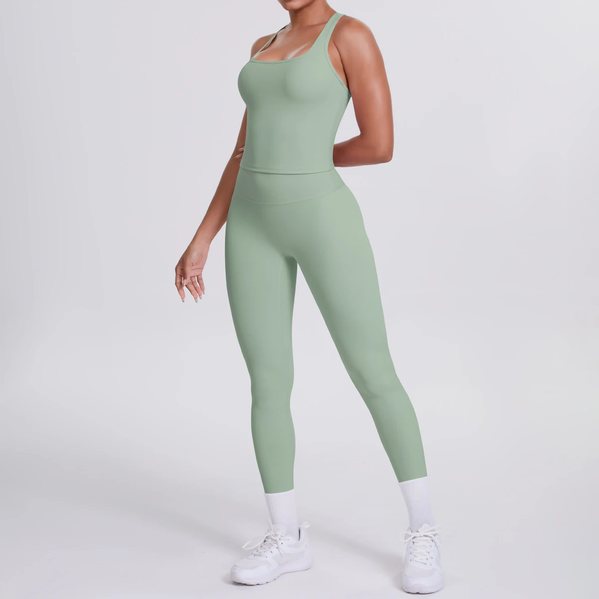 Hamidou 2-teiliges Damen-Yoga-Set, schnell trocknende, hüftformende Fitnesshose, Yoga-Leggings, einfarbig, Gym, schöner Rücken, I-förmige Weste – Detail 27