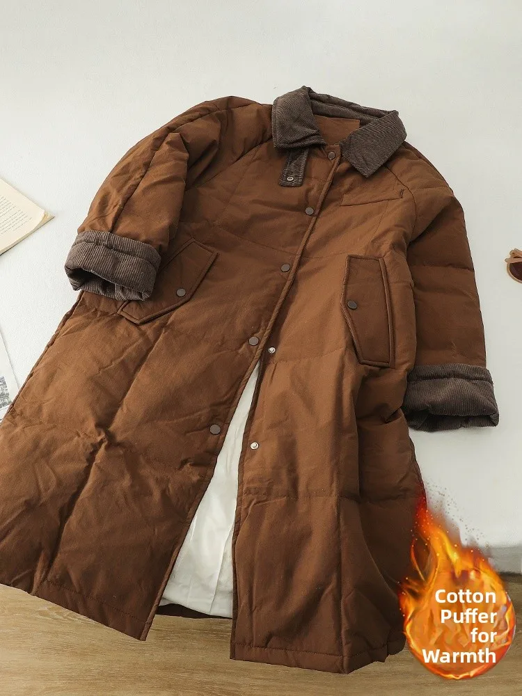 Damska kurtka puchowa z sztruksu, zimowa, luksusowa, luźna, średniej długości, ciepła, bawełniana, odzież wierzchnia, retro, długa, swobodna.