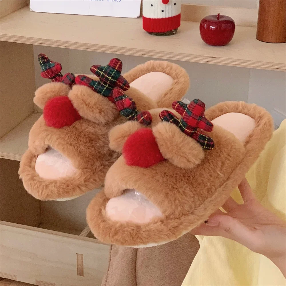 Winter girls cotton warm plush fur non-slip Christmas slippers antlers outdoor breathable sole soft home shoes