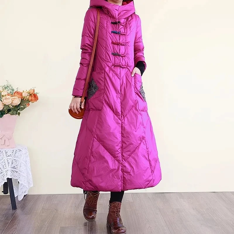 White Duck Down Jacket, Knee Length, Winter Buckle Hot Selling Chinese Style Warm Mid Length Down Jacket