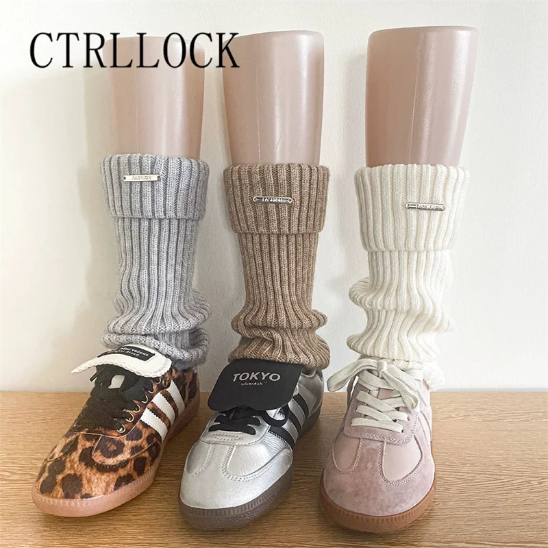 30cm Metal Label Fashionable Sock Cover Thicken Warm Calf Pile Striped Slim Leg Warmer