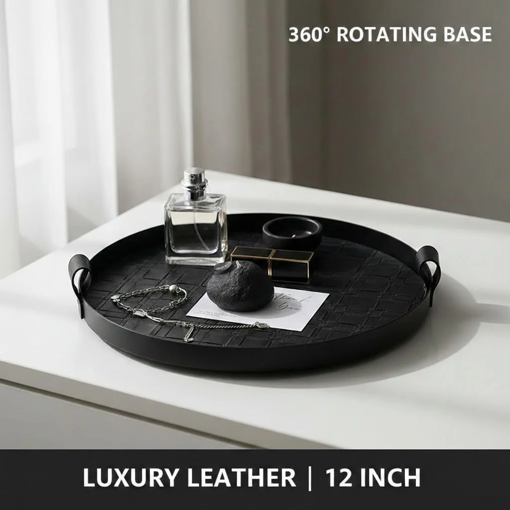 360° Rotatable Storage Tray | Premium Saddle Leather Desktop Organizer | Luxury Perfume & Cosmetics Display Plate with Handles