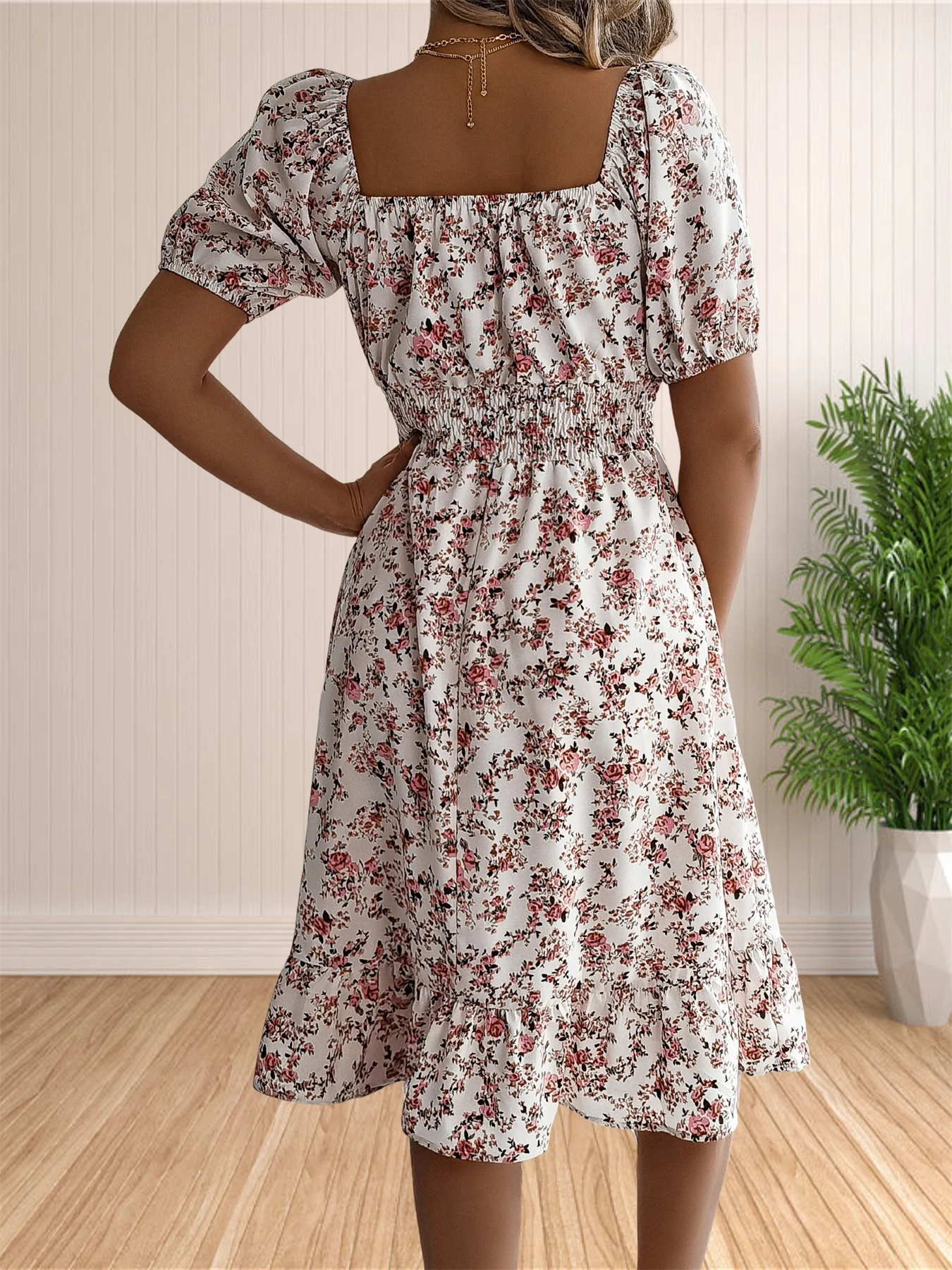 Women\'s Floral Print Square Neck Puffy Short Sleeve Casual Summer Ruffle Swing Dresses