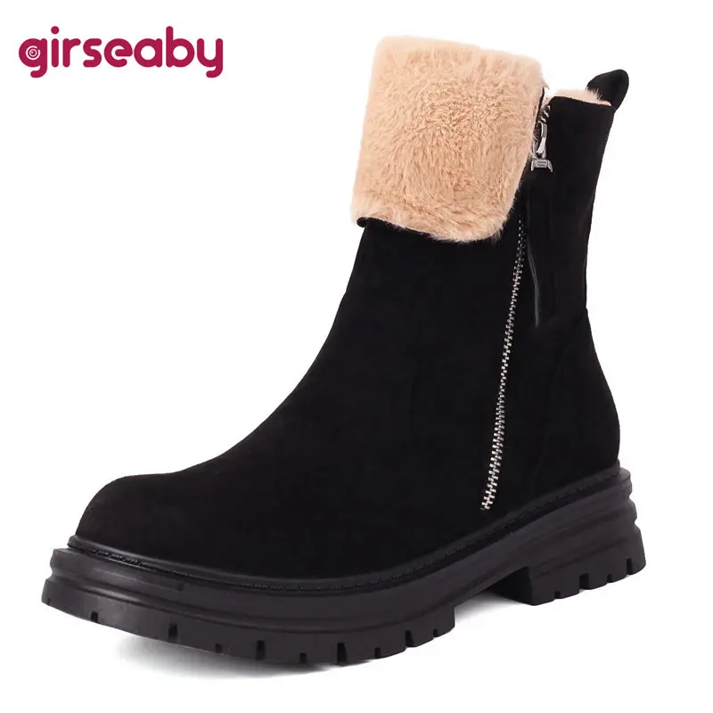 

Girseaby Women Winter Snow Boots Round Toe Block Heels 4cm Platform Zipper Flock Suede Casual Shoes Large Size 42 43 Warm Bota