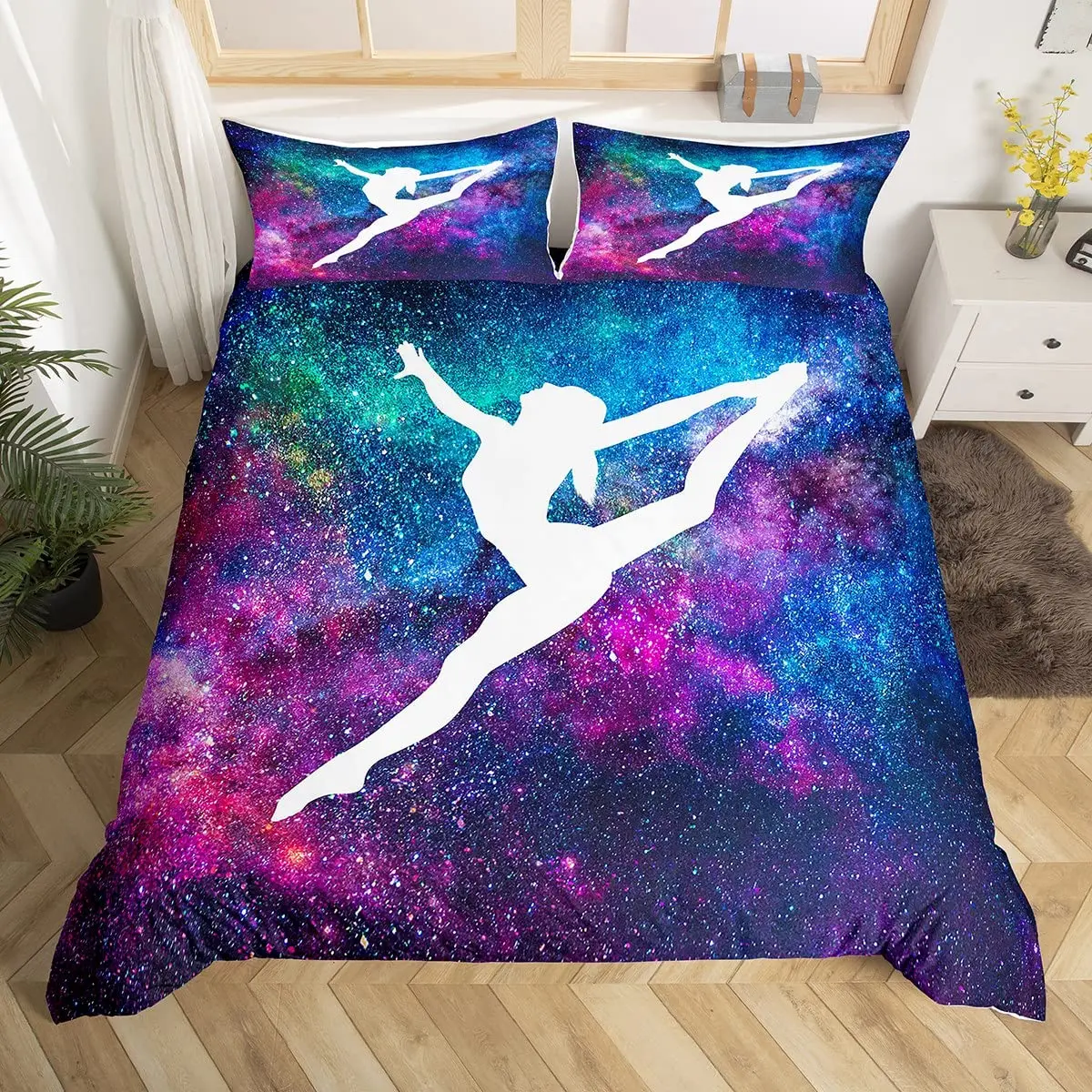 Rainbow Bedding Set for Girls, Ballet Duvet Cover Dancing Ballerina Silhouette Comforter Cover Twin Tie Dye Starry Sky Bed Cover