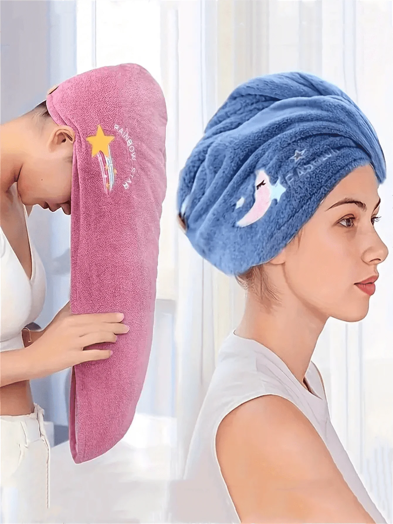 

2-Pack Microfiber Hair Drying Cap with Star & Moon Embroidery, Super Absorbent, Soft & Gentle for Daily Use