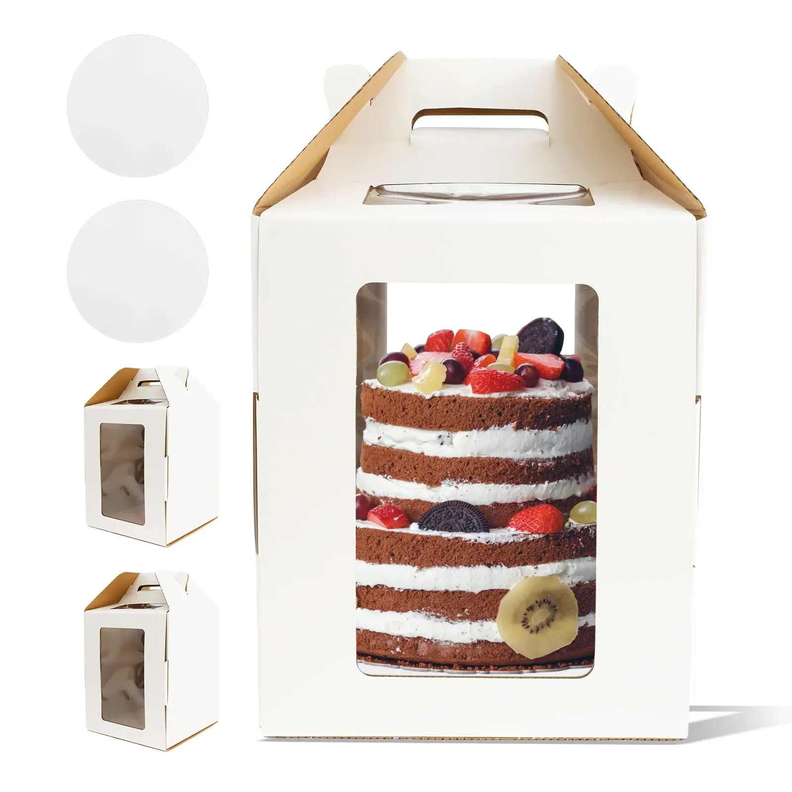 

3Pcs Tall Cake Boxes with 4 Windows Portable 10 Inch Tiered Cake Boxes Reusable Layer Tall Cake Box with Handle Cake Plate for
