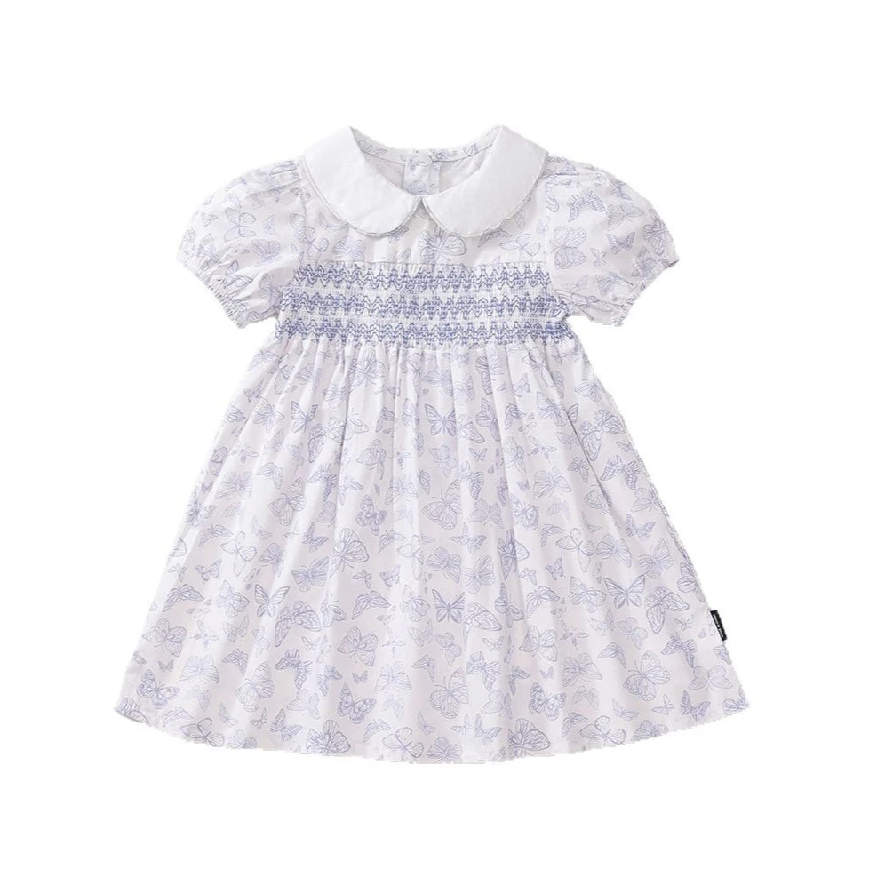Girls' Butterfly Printed Dress 2026 Summer New Style Cotton Children's French Style Countryside Style Flip Collar Princess Dress