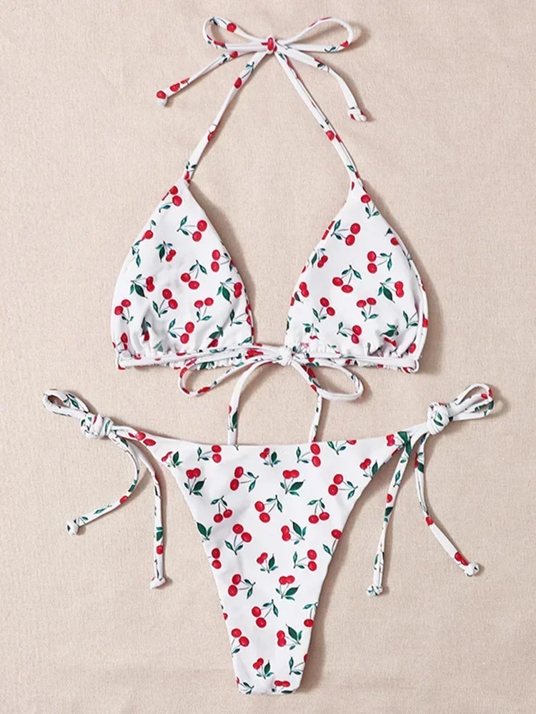 Sexy Cherry Print Halter Strappy Bikini Female Swimsuit Women Swimwear Two-pieces Bikini set Tie Side Bather Bathing Suit Swim