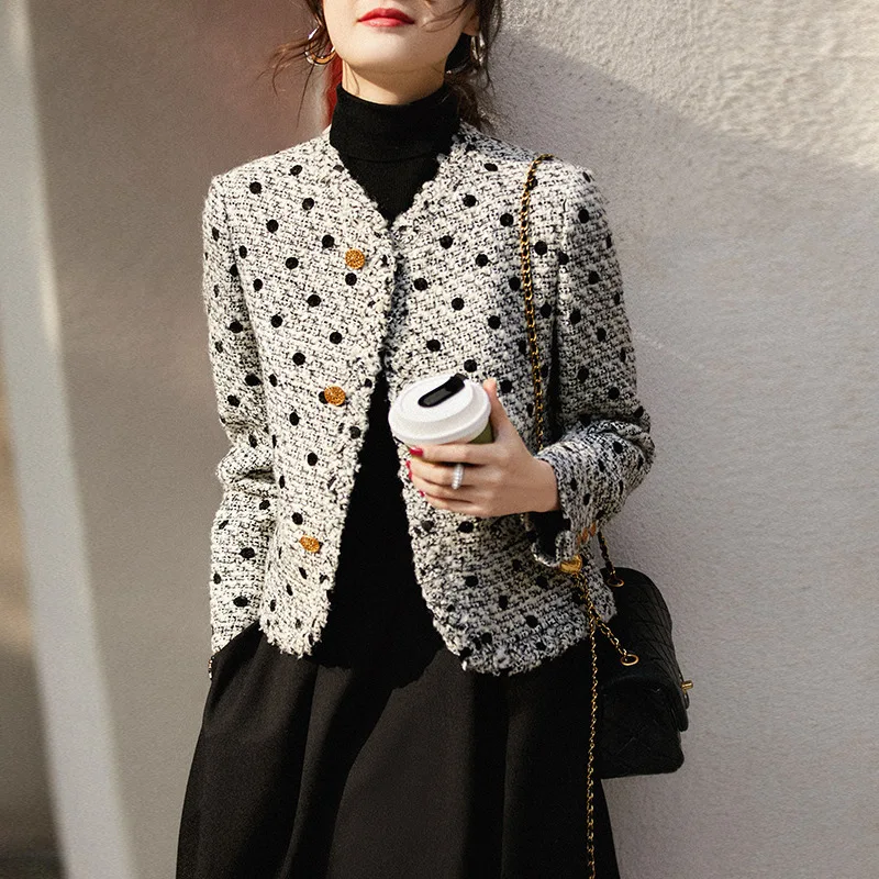 Grey polka dot coarse woolen coat 2026 new autumn and winter small fragrant style temperament top