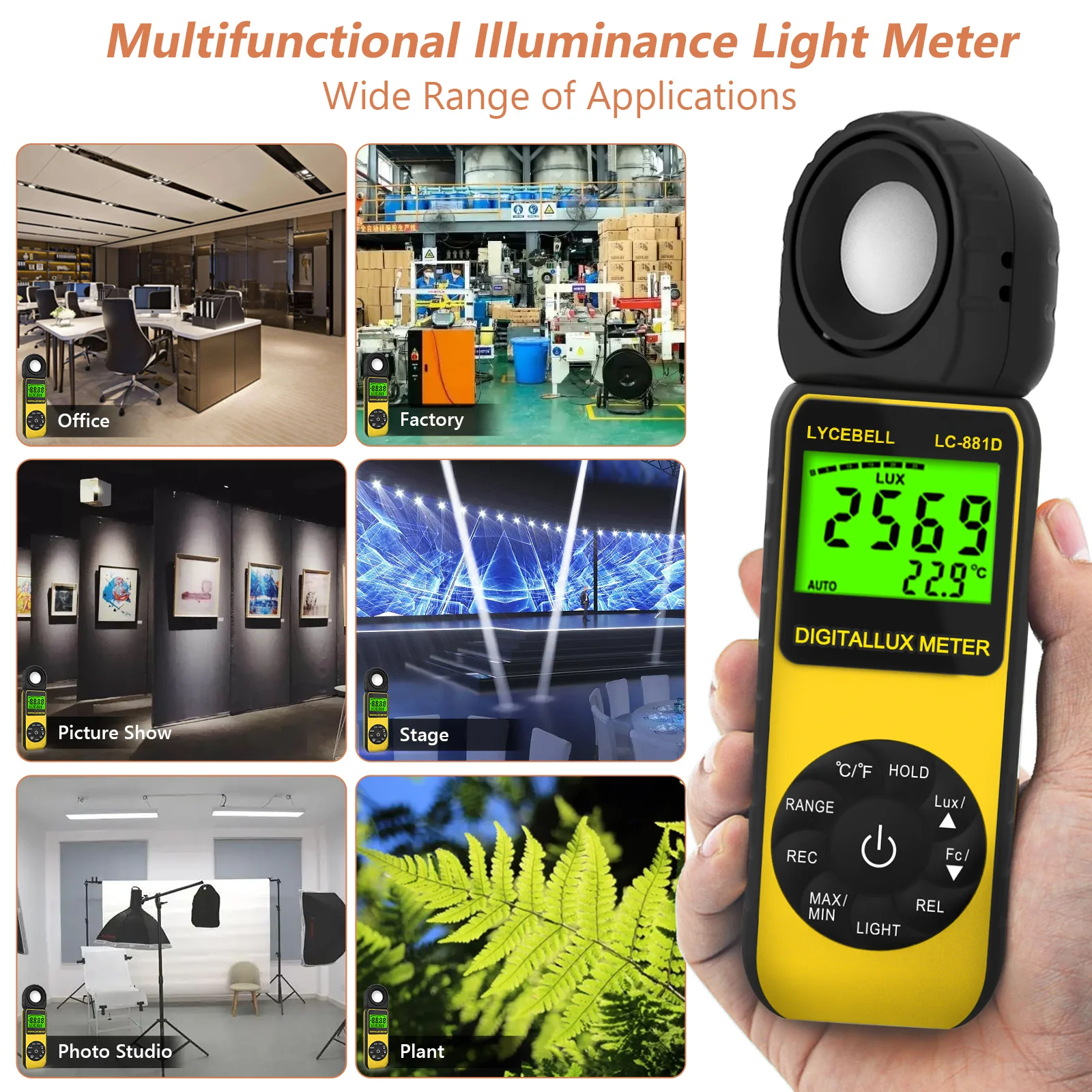 HP-881D Digital Illuminance Light Meter, 0.01~400,000 Lux Foot Candles Luxmeter with 270º Rotated Sensor Light Tester