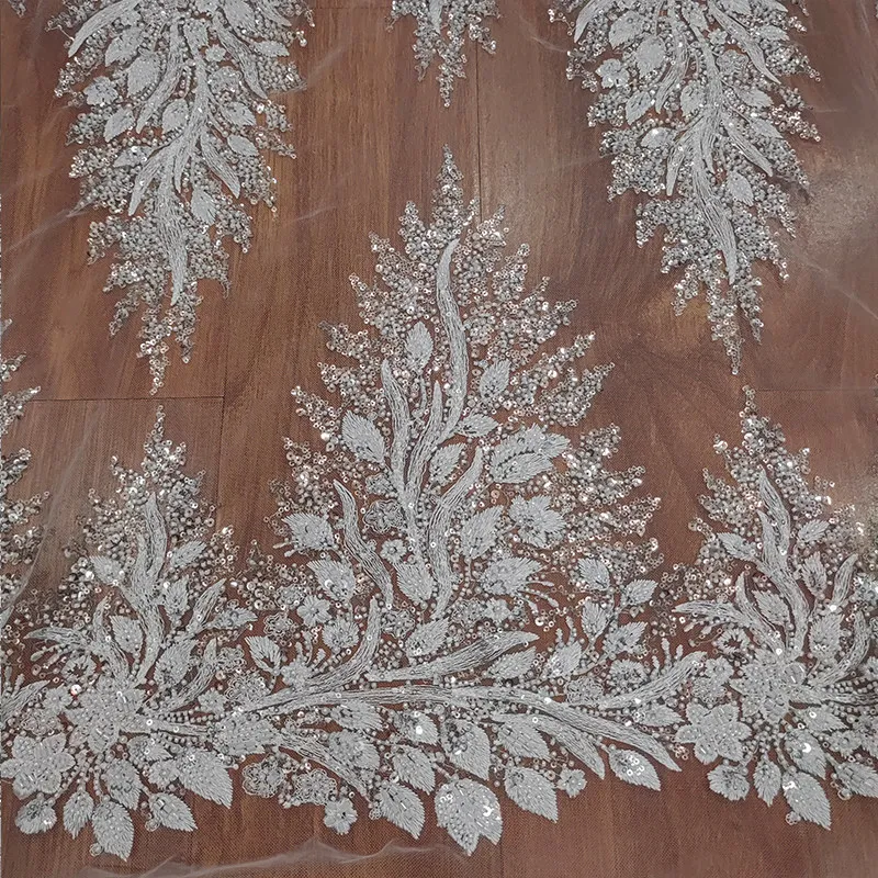 Luxurious Flower and Leaf Style Silver Sequin Embroidered Soft Lace Tulle Lace for Women's Wedding and Formal Dresses Adornments