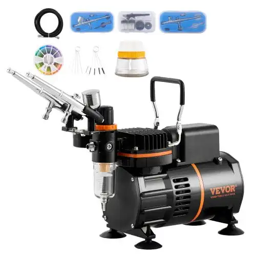 Airbrush Kit, Dual Fan Air Compressor Professional Airbrushing System Kit with 3 Airbrushes, Holder, Color Mixing Wheel