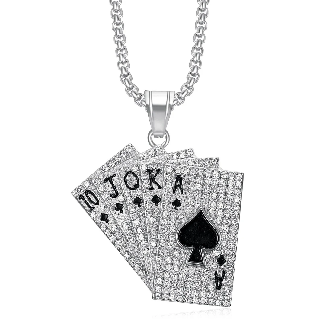 Hip hop Playing Card Iced Out CZ Pendant Gold Silver Color Stainless Steel Rapper Necklace for Men Straight Flush Lucky Jewelry
