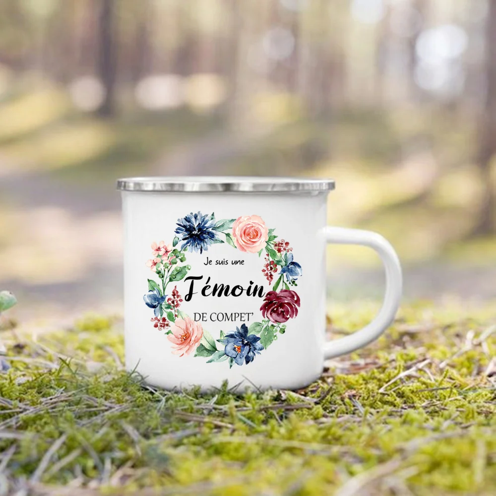 French Flower Printed Coffee Mugs Bachelorette Party Wine Mug Bridesmaid Witness Enamel Cup Engagement Wedding Gifts for Witness