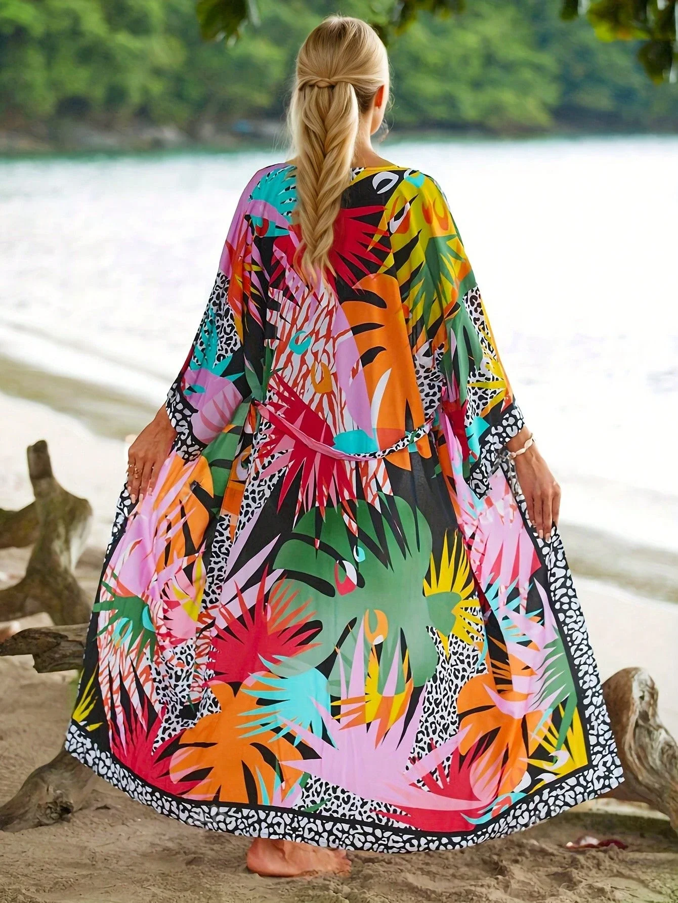

Women's Tropical Print Belted Kimono Cover Up Dress Beach Vacation Loose Summer
