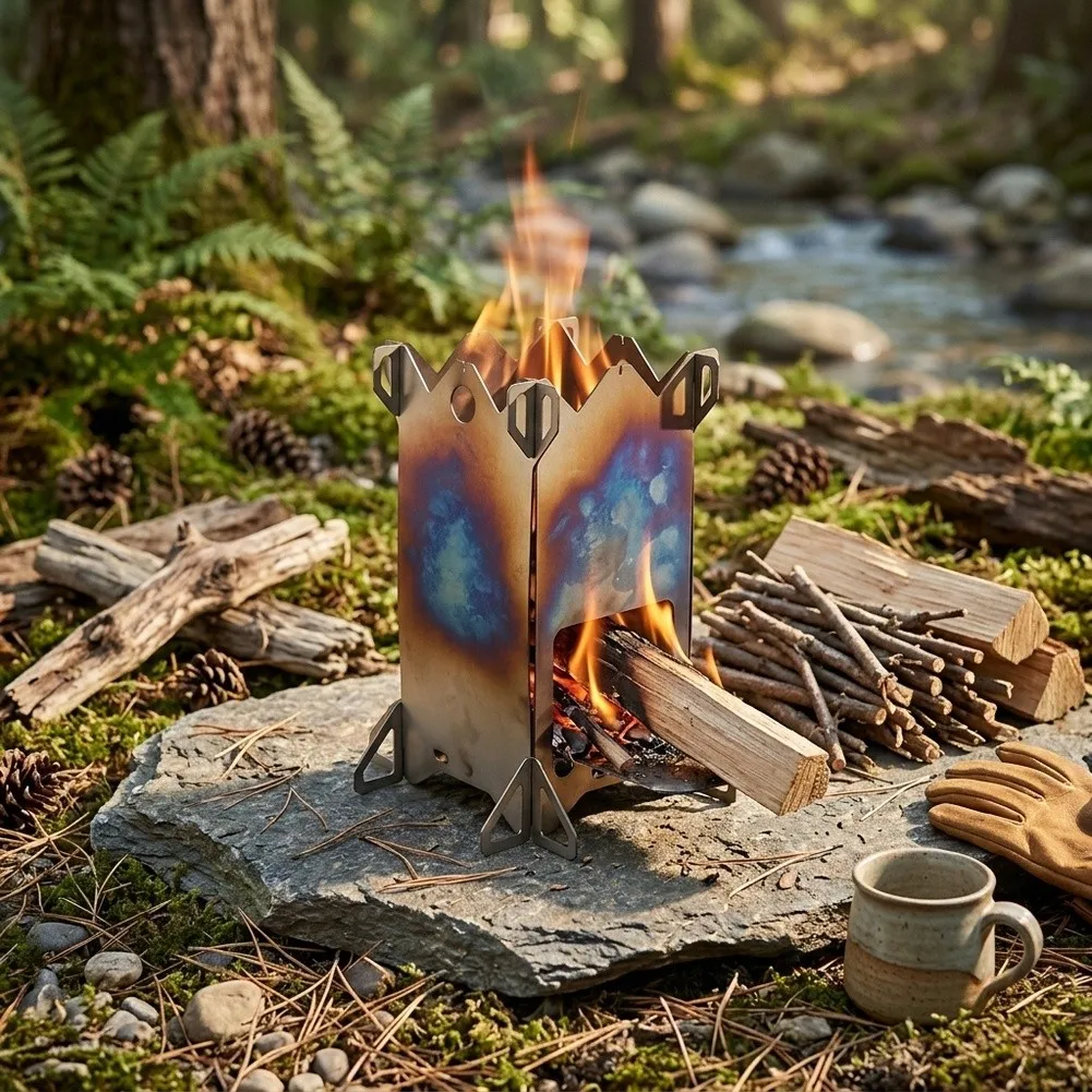Lightweight Detachable Wood Burning Stove In Stainless Steel For Outdoor Camping Hiking Fishing And Picnic Use