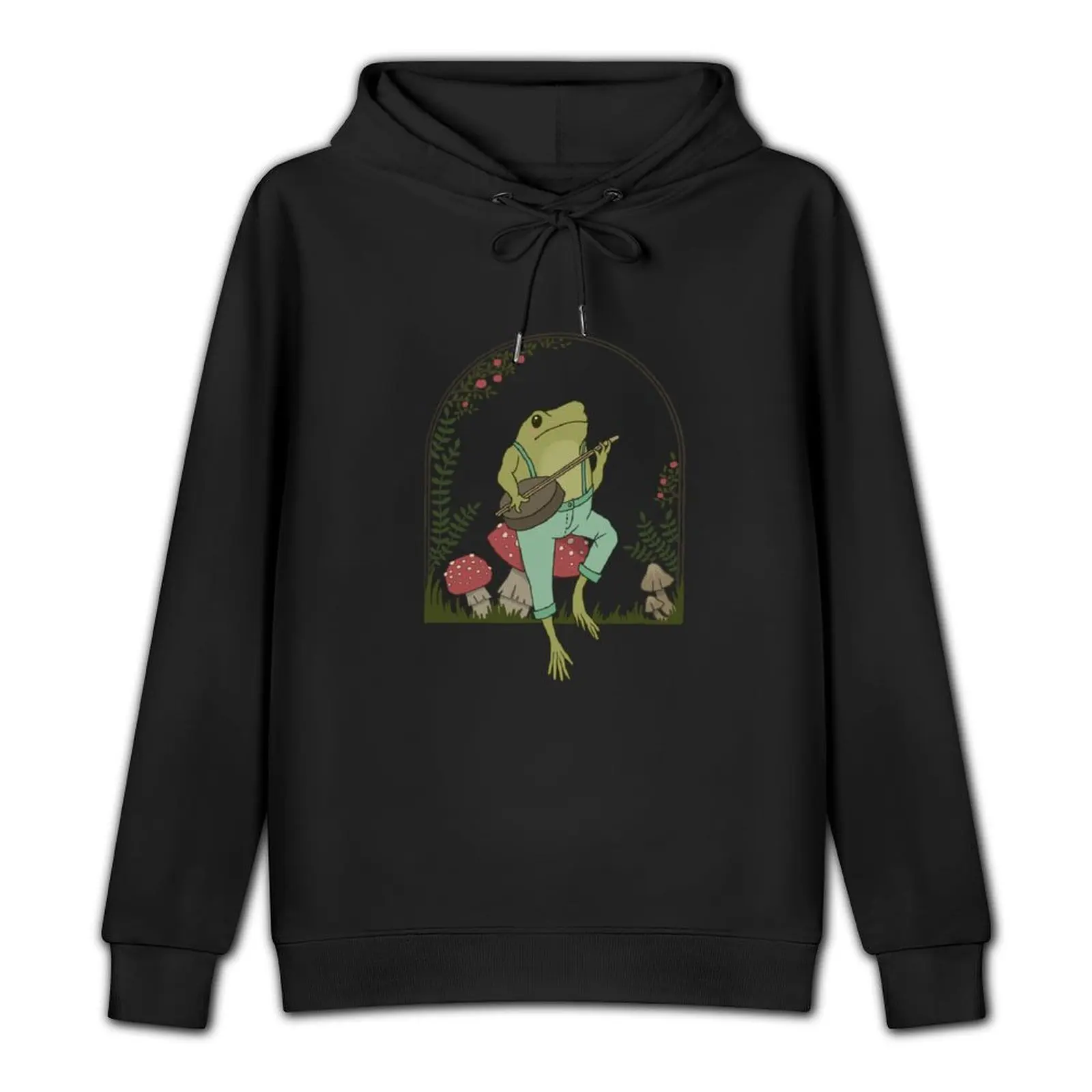 Cottagecore Aesthetic Frog Playing Banjo on Mushroom: Cute Vintage Goblincore Farmer Toad in Garden, Emo Grunge  Pullover Hoodie