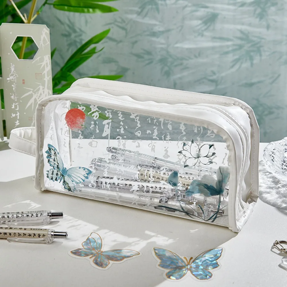 Chinese Ink Style Transparent Pencil Case Waterproof Large-Capacity Zippered Pencil Bag Versatile Durable Pencil Holder