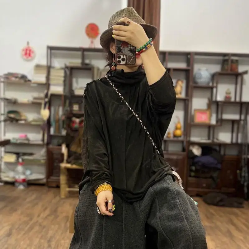 الخريف الشتاء الفنون نمط المرأة طويلة الأكمام فضفاضة الياقة المدورة القمم تيز الإناث عادية المرقعة تصميم تي شيرت جودة عالية F129 #6